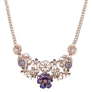 Circa 1900 Blue & Clear Crystal Mix with Faux Pearl Goldtone Floral Necklace NEW